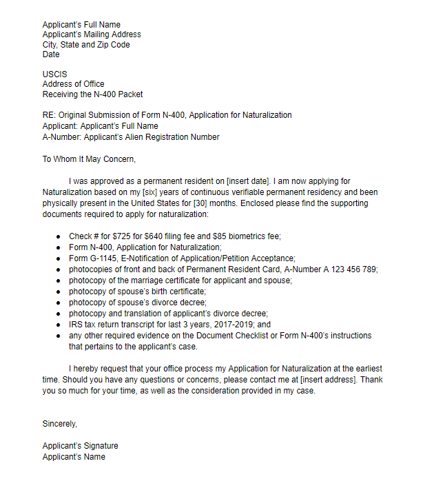 Sample Cover Letters for Form N-400 U.S. Citizenship Application